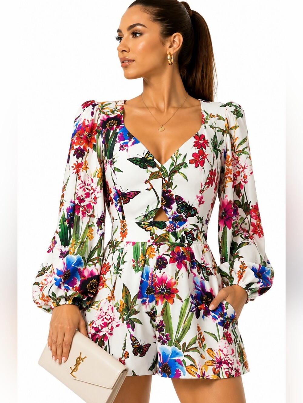 NWT LDT Valentina Floral Butterfly Print Romper Sz 8 Long Sleeve White
